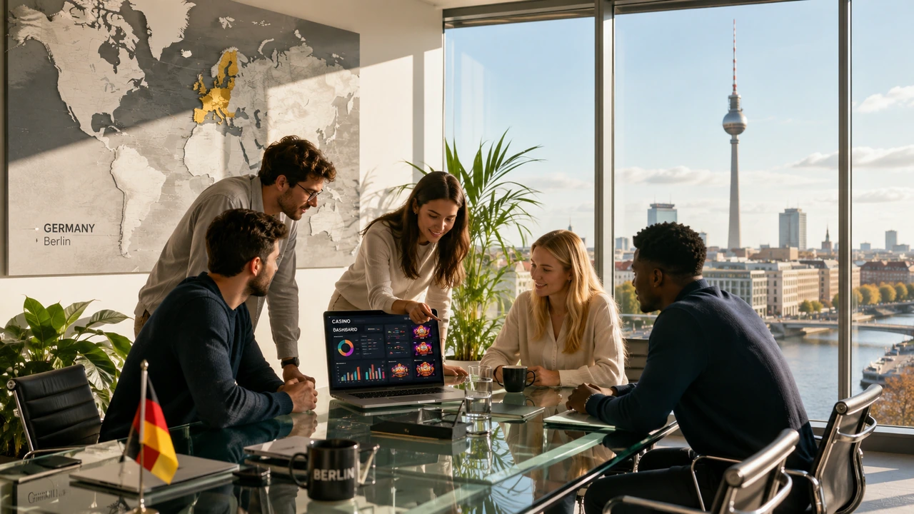 Moderne Affiliate-Agentur in Berlin mit Blick auf den Fernsehturm – Team arbeitet an Casino-Partnerkampagnen